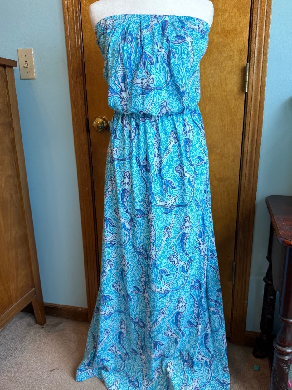 Lilly Pulitzer Maxi Dress Mermaid Nice Tail Blue PLAY CONDITION stain on back